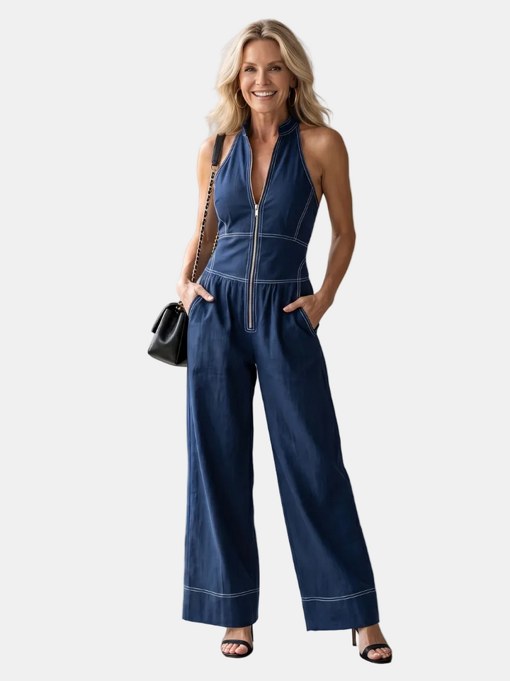 Dara | Jumpsuit s halter výstřihem, zipem a kontrastním stehem