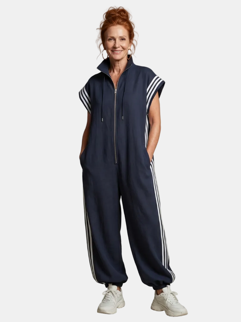 Lark | Jumpsuit s krátkými rukávy, zipem a bočními pruhovanými panely