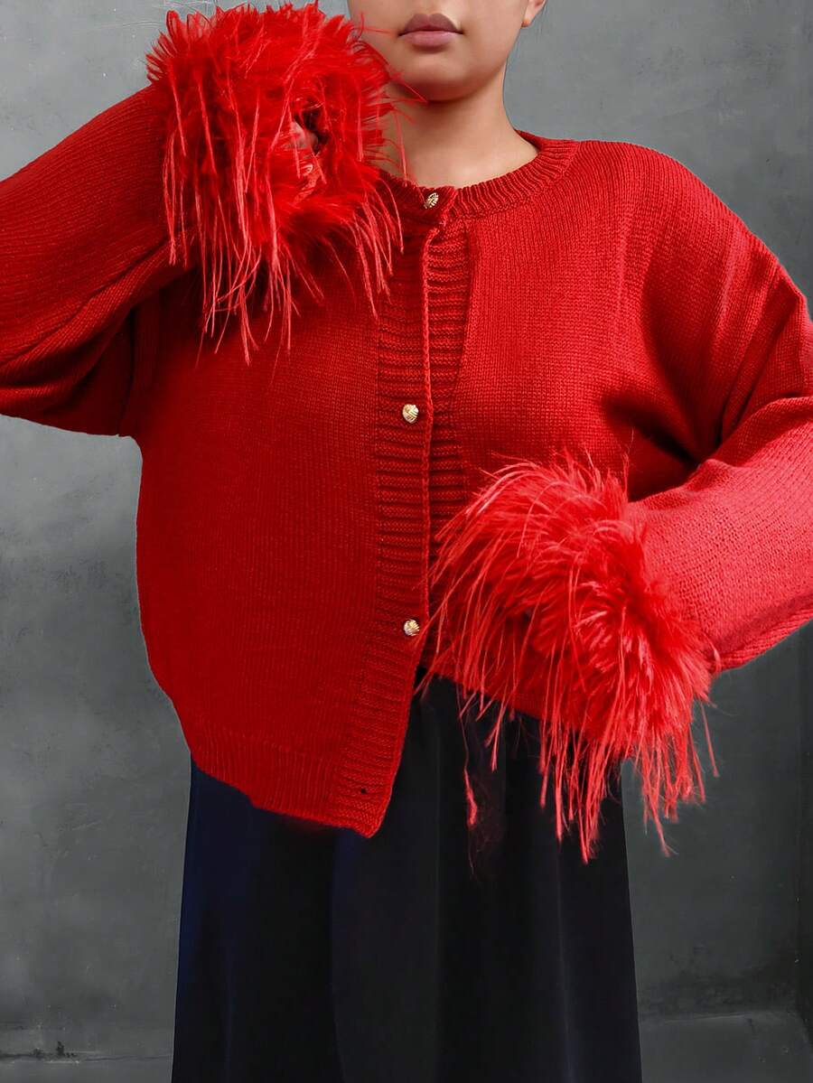 Margaret - Feather Trim Knit Cardigan