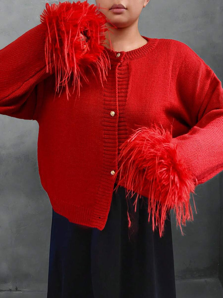 Margaret - Feather Trim Knit Cardigan