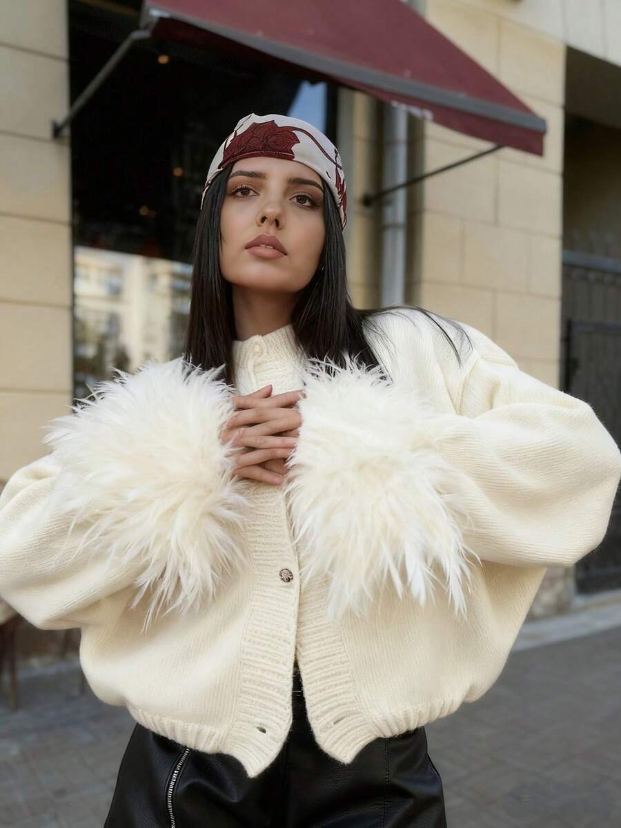Margaret - Feather Trim Knit Cardigan