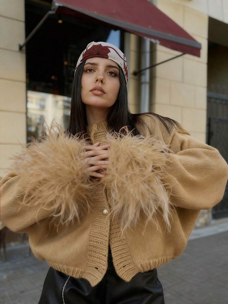 Margaret - Feather Trim Knit Cardigan