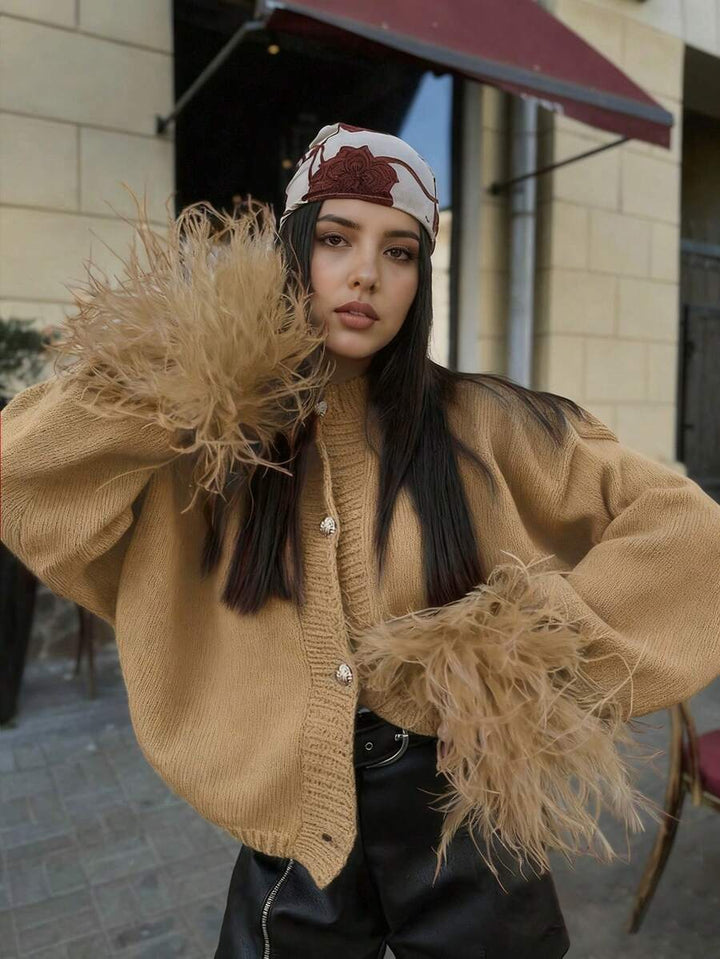 Margaret - Feather Trim Knit Cardigan