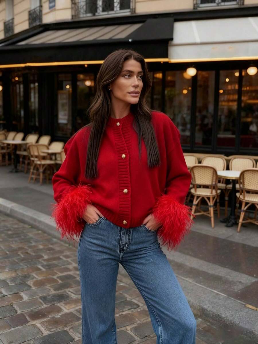 Margaret - Feather Trim Knit Cardigan