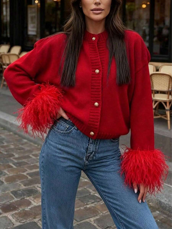 Margaret - Feather Trim Knit Cardigan