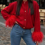Margaret - Feather Trim Knit Cardigan