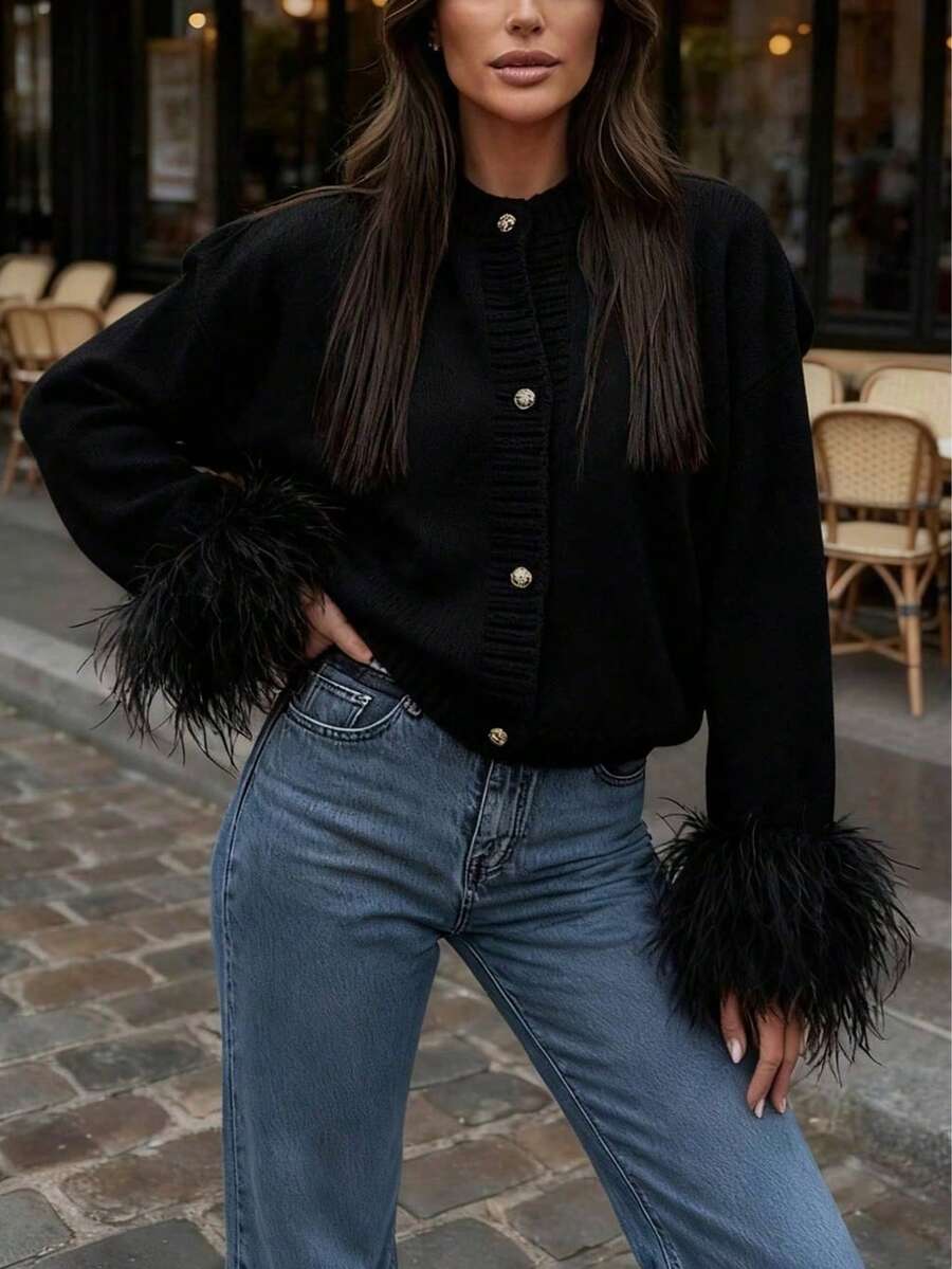 Margaret - Feather Trim Knit Cardigan