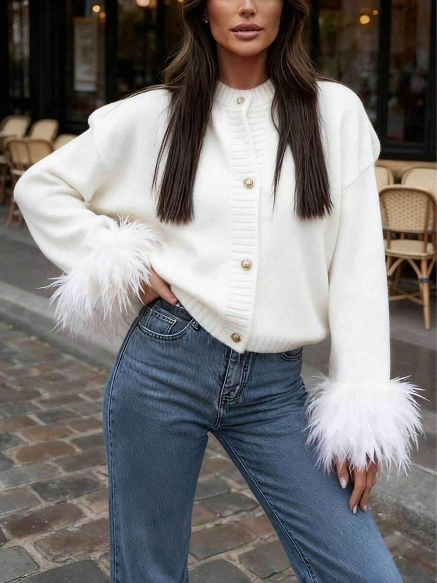 Margaret - Feather Trim Knit Cardigan