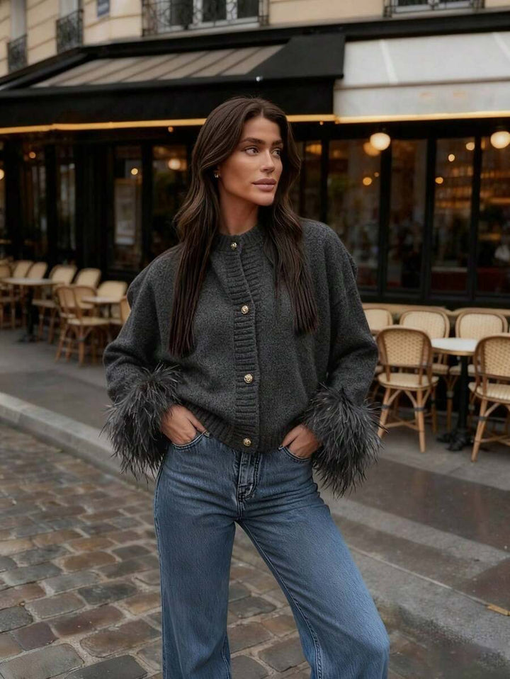 Margaret - Feather Trim Knit Cardigan