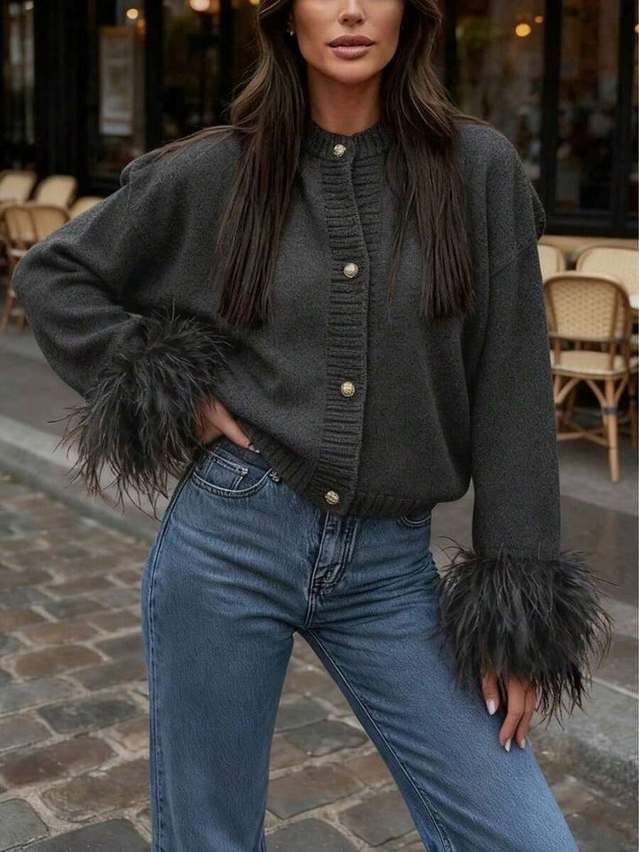 Margaret - Feather Trim Knit Cardigan