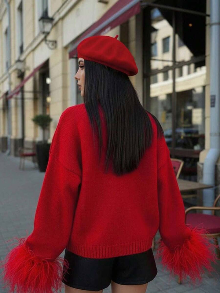 Margaret - Feather Trim Knit Cardigan