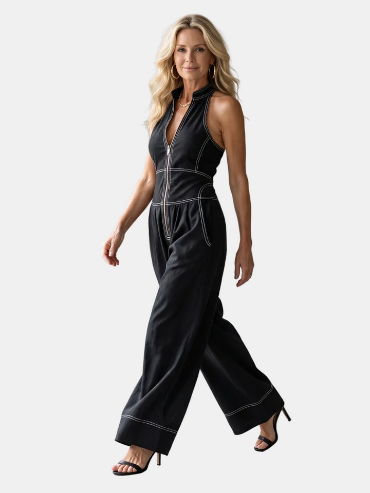Dara | Jumpsuit s halter výstřihem, zipem a kontrastním stehem