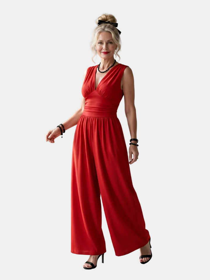 Vincenza | Jumpsuit s hlubokým V-výstřihem, definovaným pasem a širokými nohavicemi