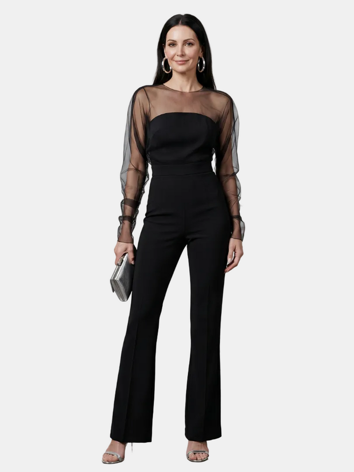 Oksana | Taillovaný jumpsuit s průhlednými rukávy a širokými nohavicemi