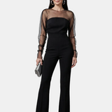 Oksana | Taillovaný jumpsuit s průhlednými rukávy a širokými nohavicemi