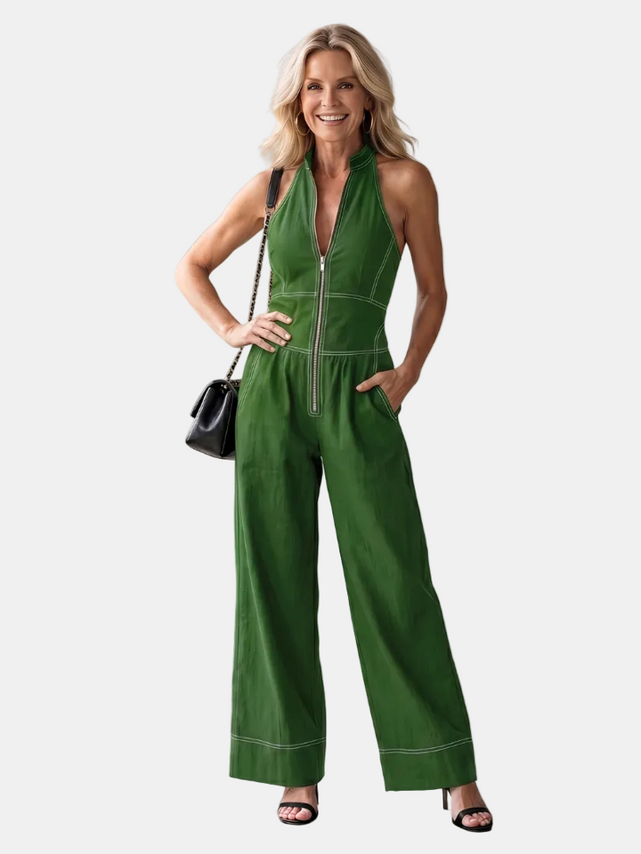 Dara | Jumpsuit s halter výstřihem, zipem a kontrastním stehem