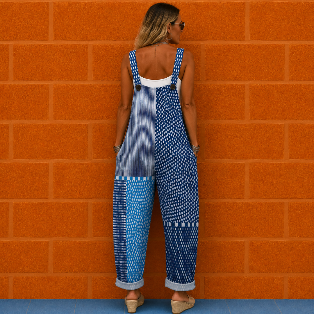 Overal Modré puntíky a pruhy – patchwork