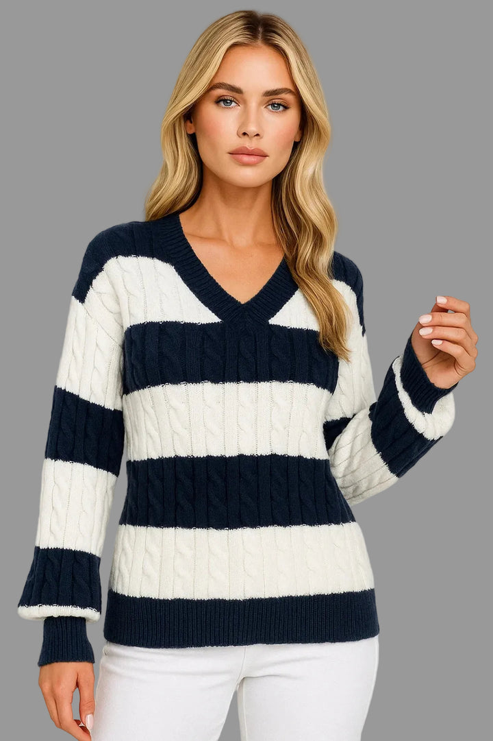 Mirelle - V-Neck Cable-Knit Striped Sweater
