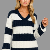 Mirelle - V-Neck Cable-Knit Striped Sweater