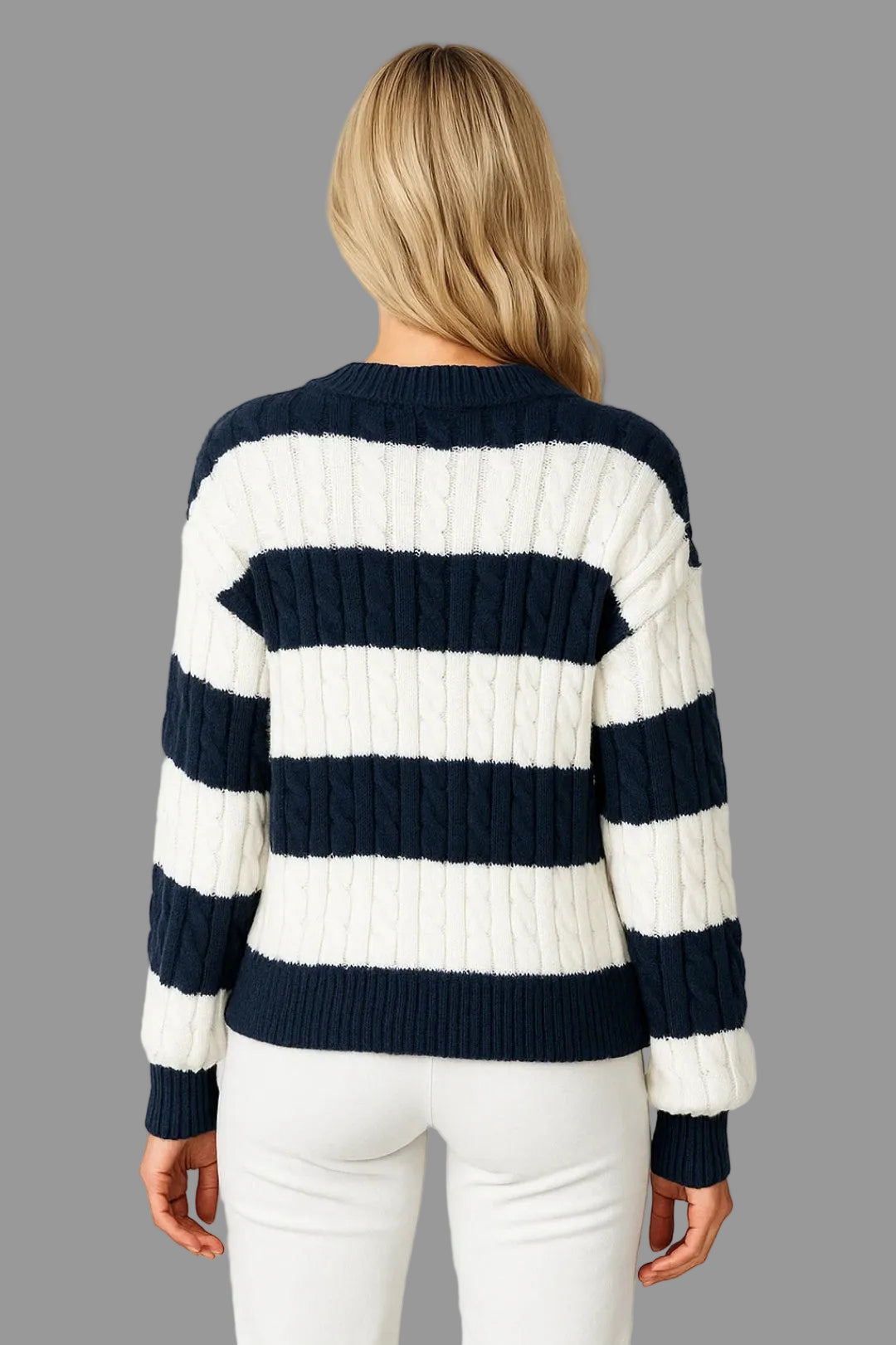 Mirelle - V-Neck Cable-Knit Striped Sweater