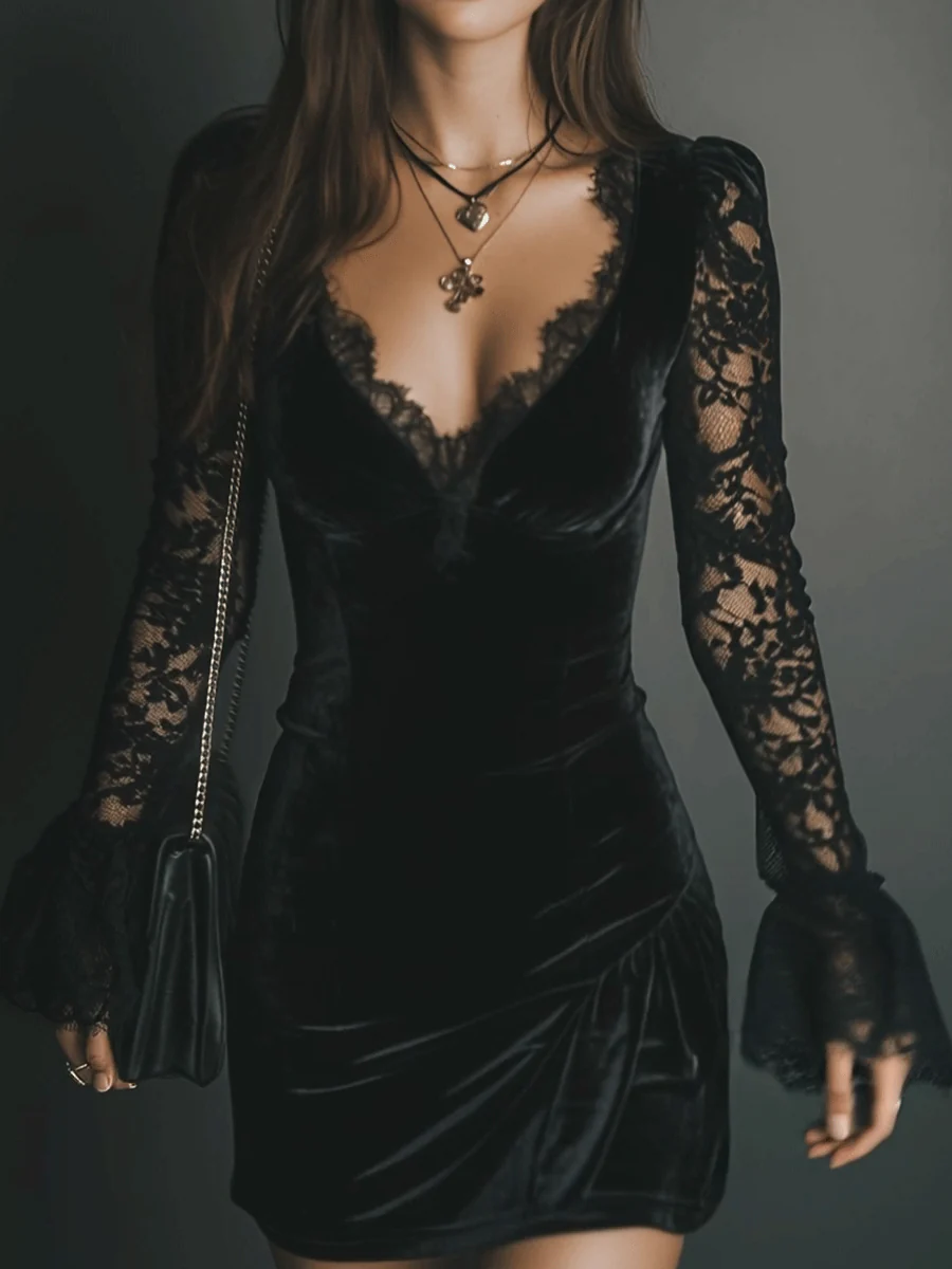 Luna - Velvet Mini Dress with Lace Detail