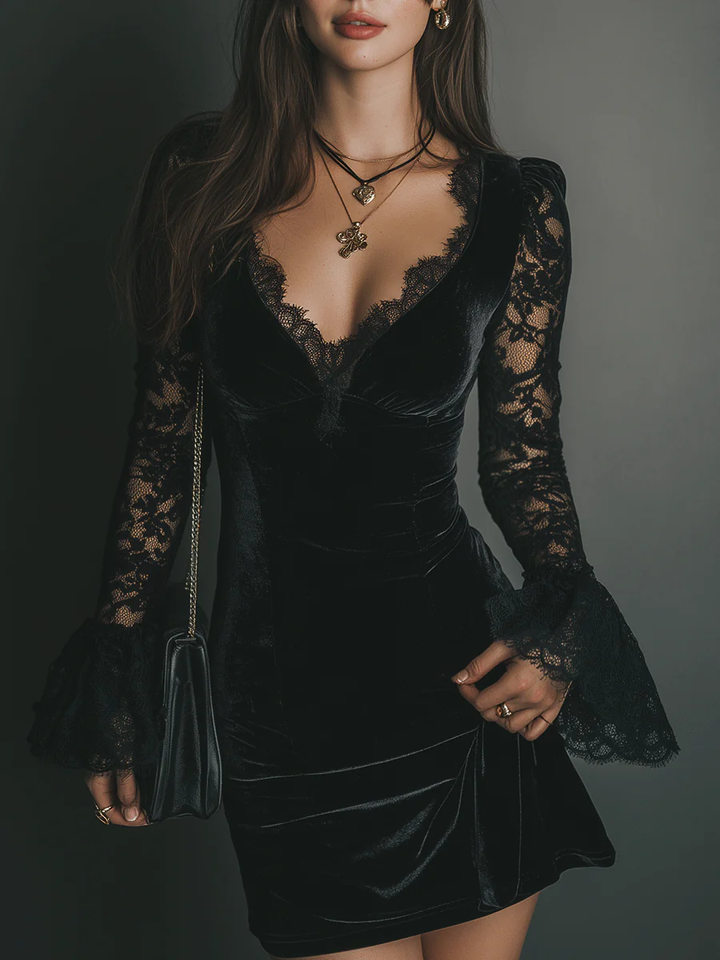 Luna - Velvet Mini Dress with Lace Detail