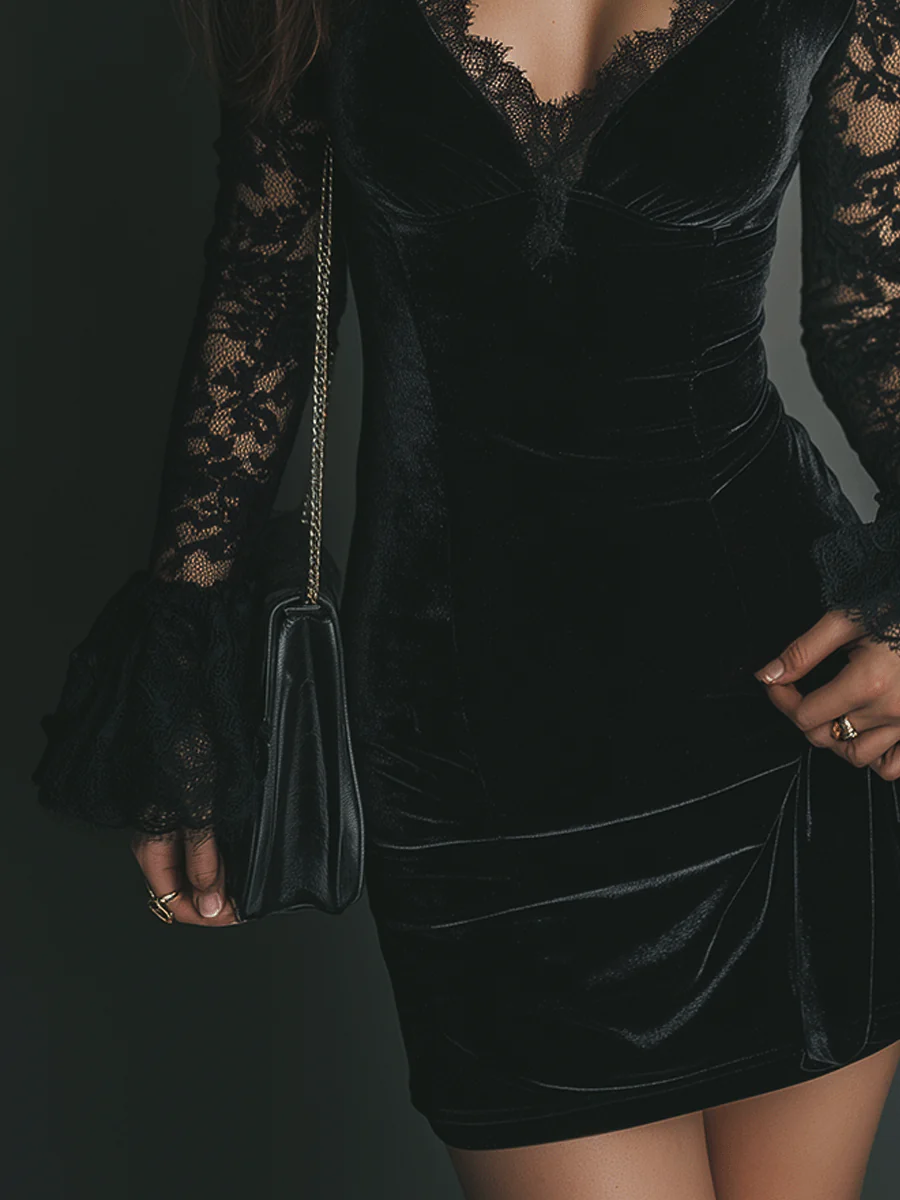 Luna - Velvet Mini Dress with Lace Detail