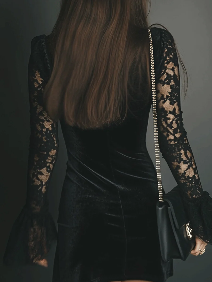 Luna - Velvet Mini Dress with Lace Detail